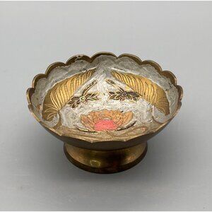 Vintage Brass Enamel Pedestal Dish Small Decorative Bowl Floral Etched India